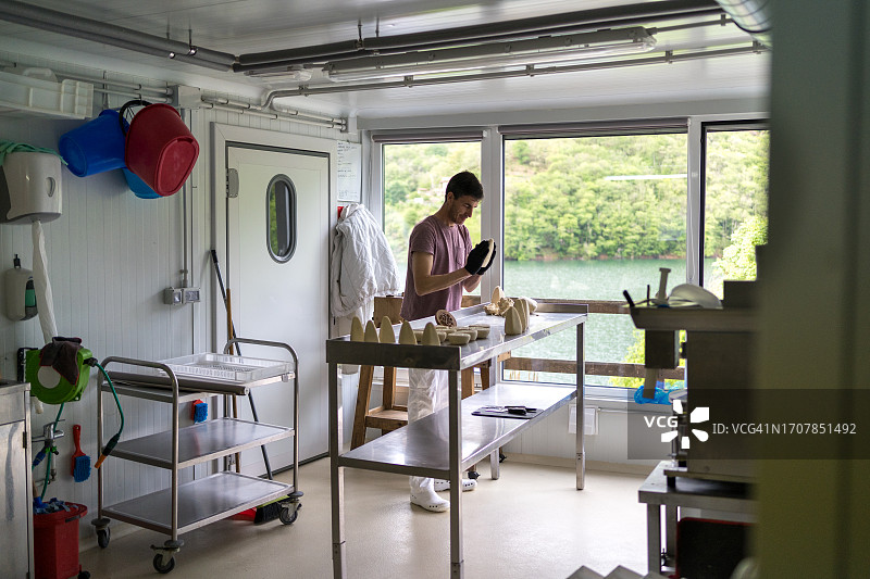 农民在乳制品厂腌制奶酪图片素材