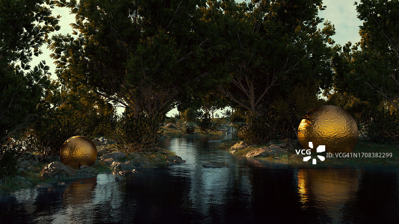 梦幻场景3D：宁静的数字艺术森林河流，白色霓虹灯与金色传送门球体，绿蓝色调，秋季概念图片素材