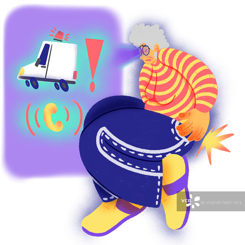 戴AI眼镜的年长女人呼叫救护车插画图片素材