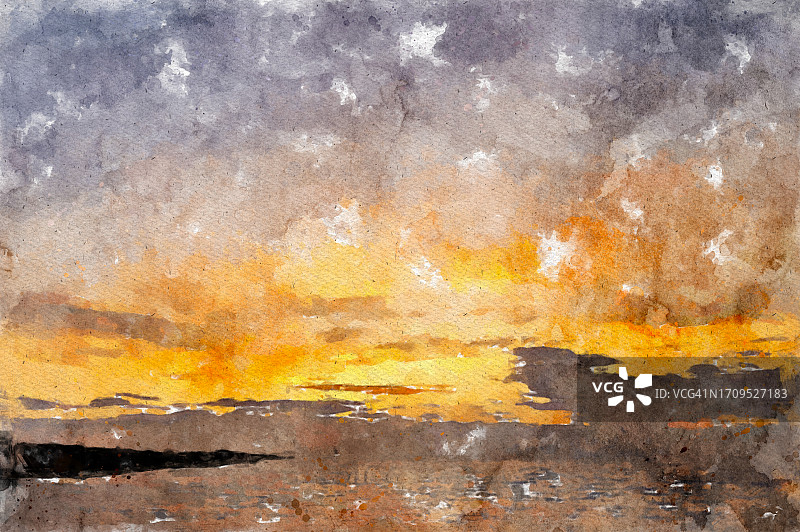 水彩日落海景数字插画图片素材
