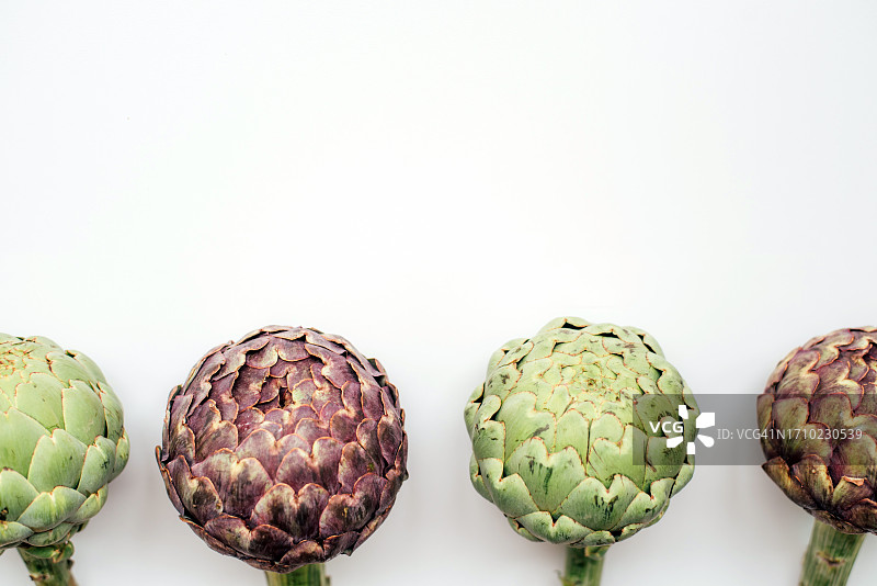 白色背景上的许多紫色和绿色朝鲜蓟，异国情调的蔬菜，健康食品，农场收获，菜肴配料图片素材