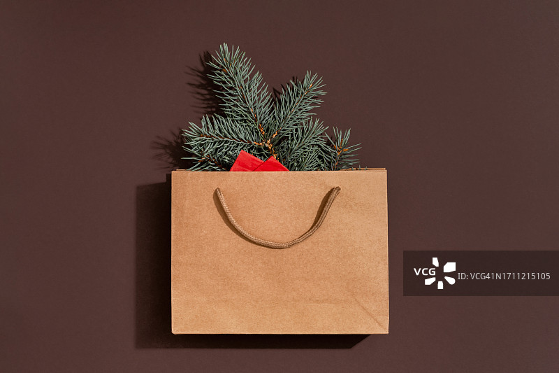 一个棕色礼品袋和圣诞树枝图片素材
