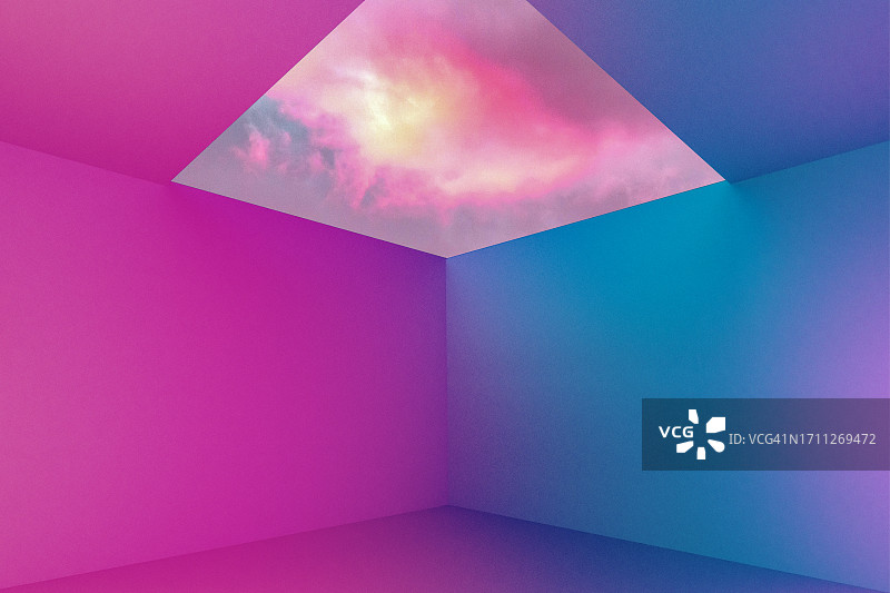 具有大天窗和粉红色日落天空的数字渲染空间图片素材