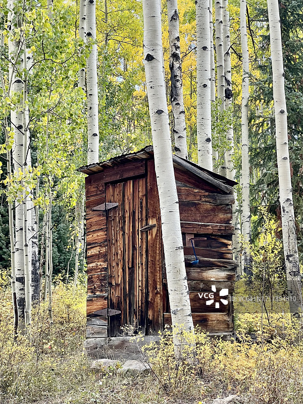 科罗拉多州克雷斯特德比特水泥溪白杨林中的古董户外厕所图片素材