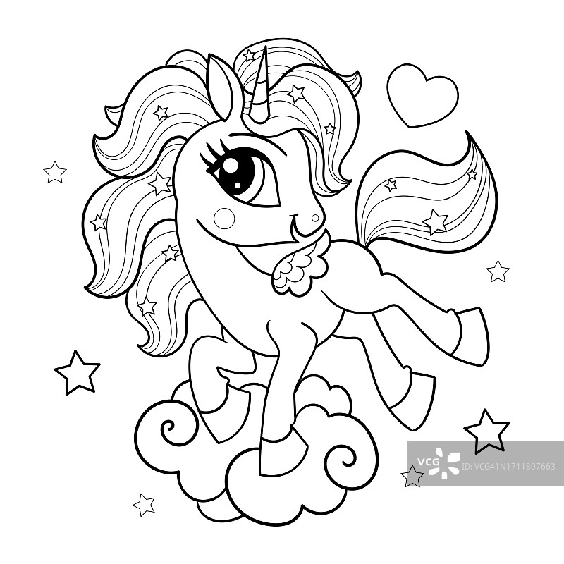 可爱的卡通独角兽黑白线性绘画矢量插图图片素材
