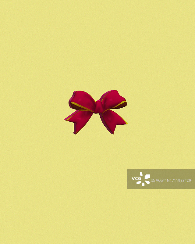 黄色背景上的3D红色蝴蝶结简约插画。礼品、圣诞节、生日概念图片素材