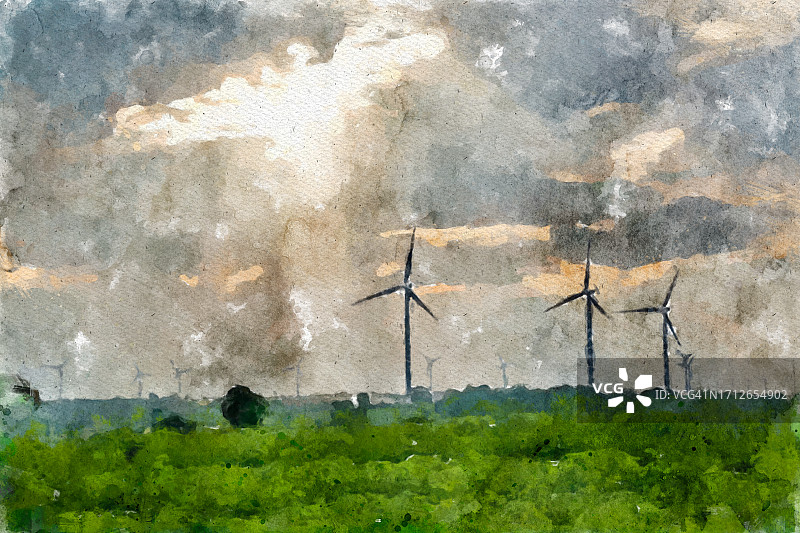 抽象水彩风力涡轮机发电图片素材
