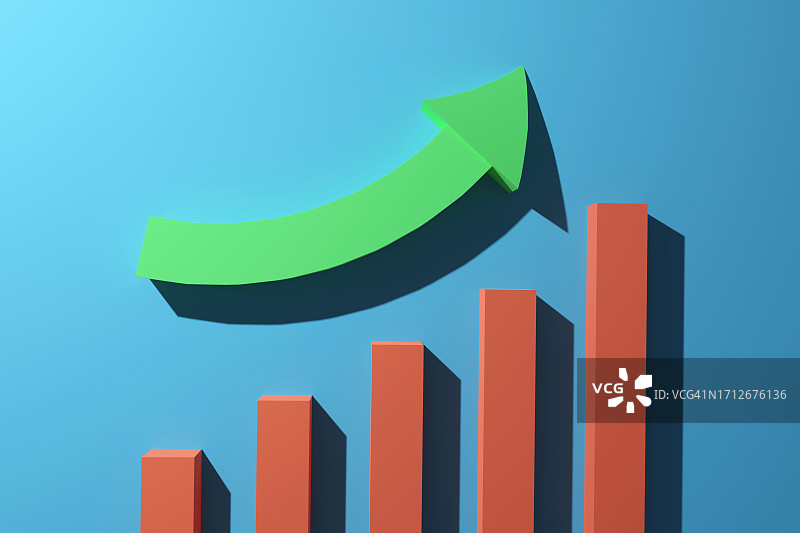 显示向上或向下数据趋势的图表，具体取决于初始数据。图表从下到上上升，箭头强调向上移动。用于可视化数据阵列的概念图片素材