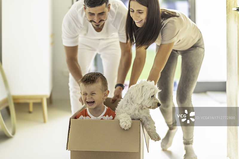 快乐小男孩和狗狗在新家玩耍，父母在纸箱里推着他们图片素材