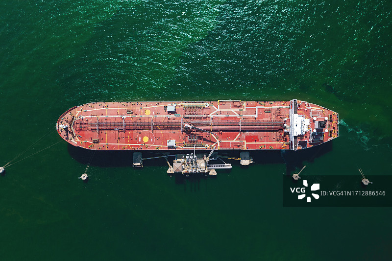油轮在装卸码头装卸石油，用于从海上炼油厂运输石油的空中鸟瞰图图片素材