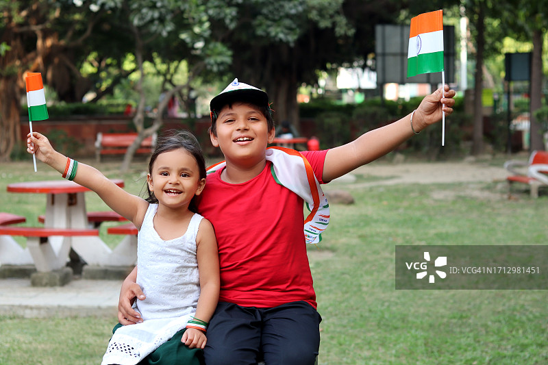 兄妹/姐弟一起庆祝独立日图片素材