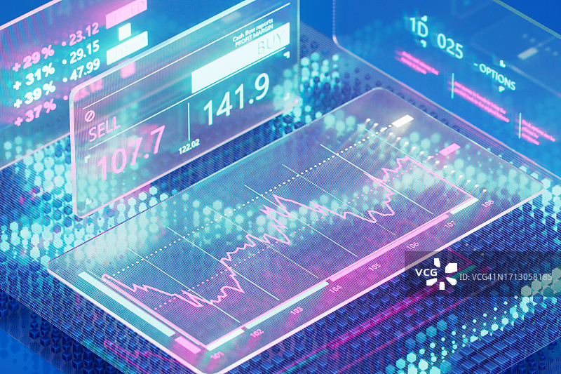 数字金融发展。创新金融科技技术。金融投资可视化。股市交易监控图片素材