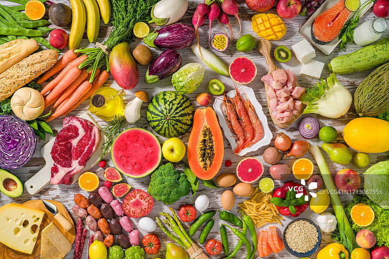 含碳水化合物、蛋白质、蔬菜、水果和乳制品的食物和饮料组合图片素材