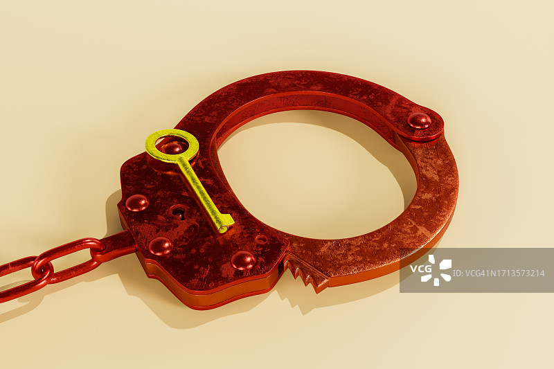黄色背景上的红色手铐，失去自由的概念图片素材