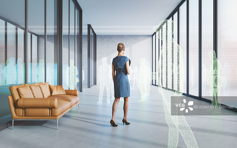 在虚拟形象中办公室行走的女商人图片素材