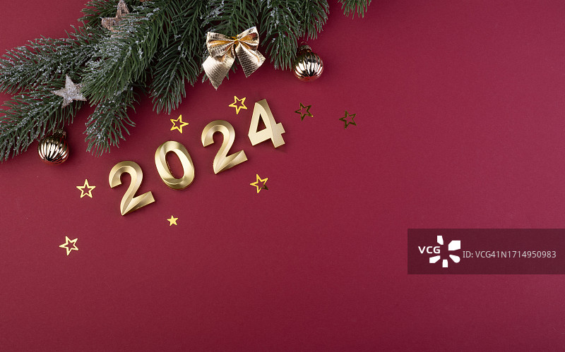 红色背景金色数字2024新年贺卡图片素材