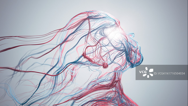 抽象人脸 - AI、心理学、科技、血流 - 红色和蓝色图片素材
