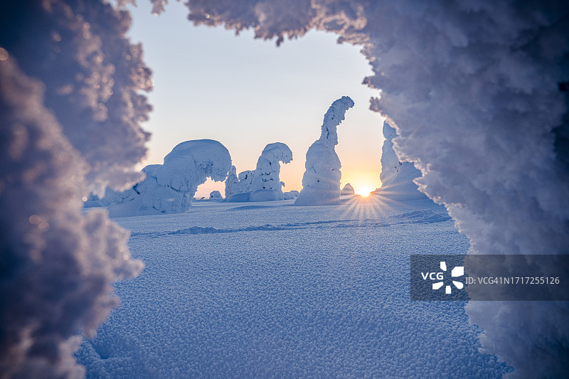黎明时分被白雪覆盖的冰雕图片素材