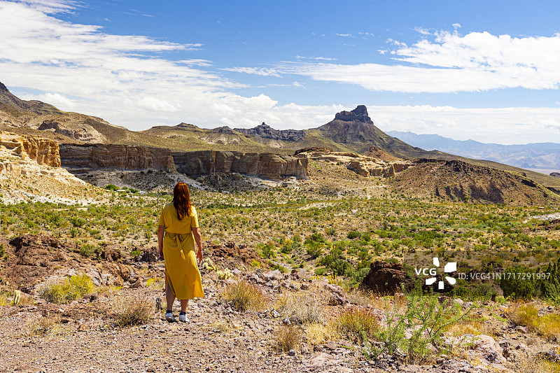 在亚利桑那州奥特曼66号公路附近欣赏美丽风景的女孩图片素材