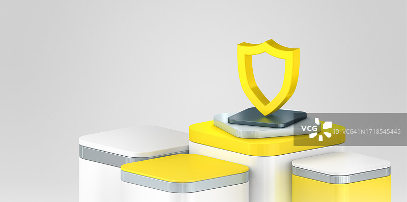 一切安全。黄色盾牌图标代表现代世界的安全和数字安全图片素材