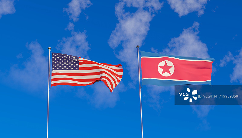 美国与朝鲜国旗和蓝天，3D渲染图片素材