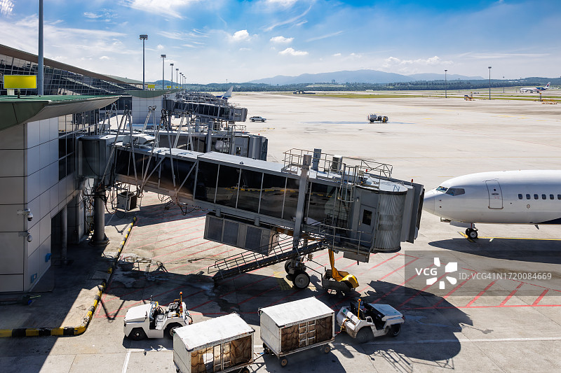 飞机起飞前的准备，飞机停靠在廊桥背景图片素材