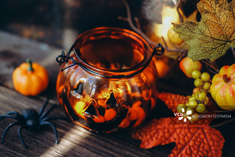 红色罐子、糖果、玩具蜘蛛、人造南瓜和秋叶图片素材