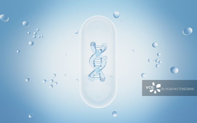 蓝色背景中的DNA、RNA、细胞、分子结构3D渲染图片素材
