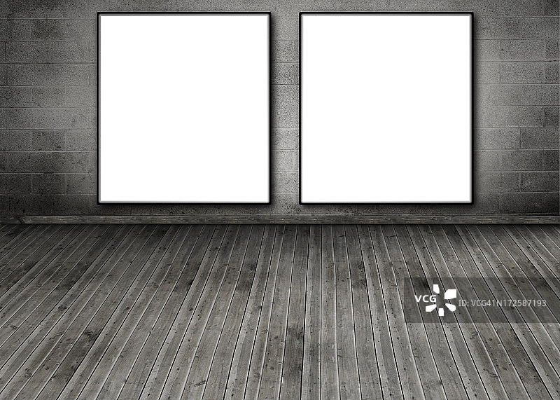 砖墙上悬挂的两张白色留白海报图片素材