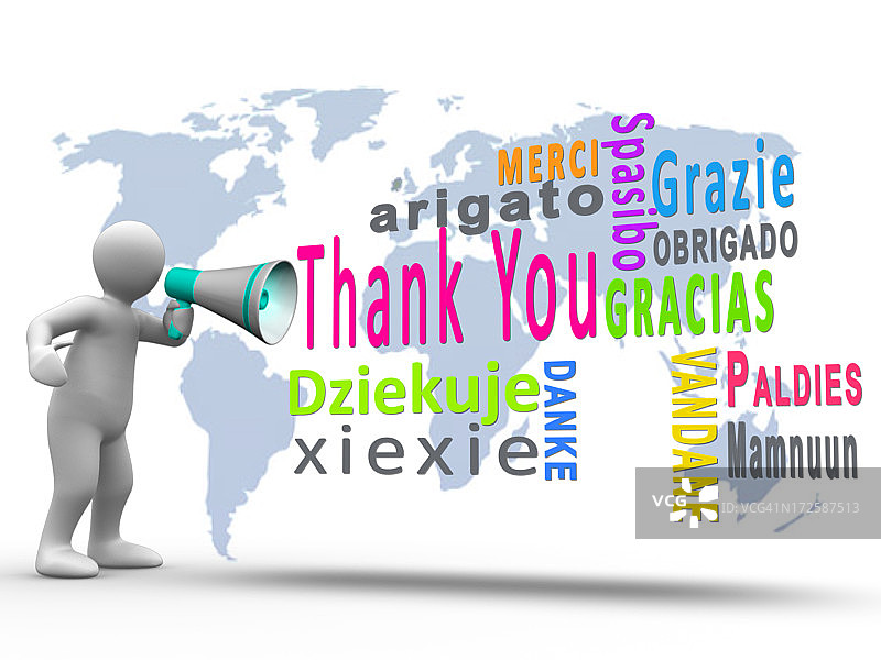 白色人像用扩音器展示不同语言的感谢语图片素材
