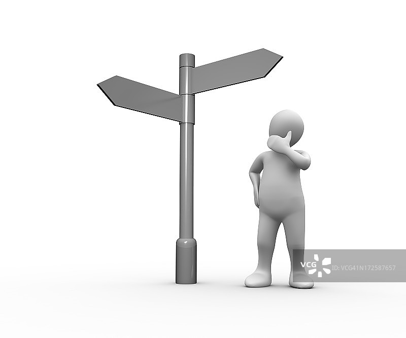 困惑的白人看着空白路标图片素材