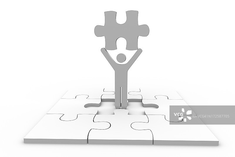 人物举起拼图块放入未完成的拼图图片素材