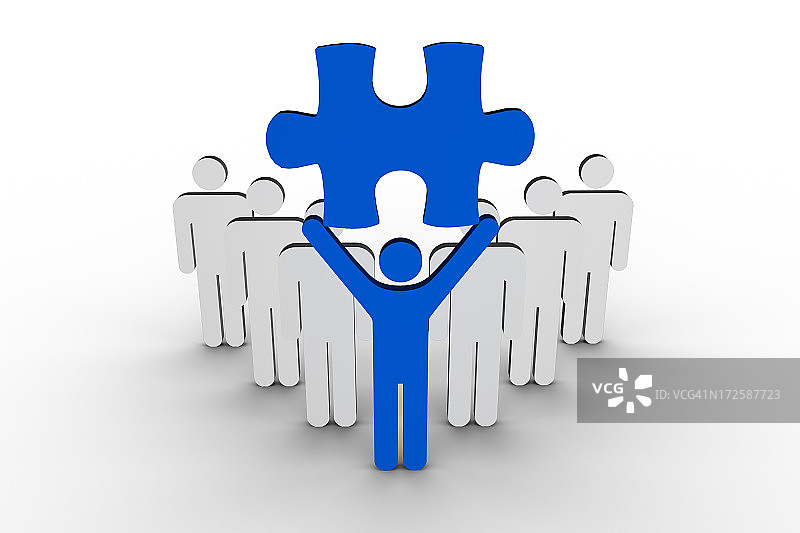领导手持蓝色拼图，站在人物队列旁图片素材