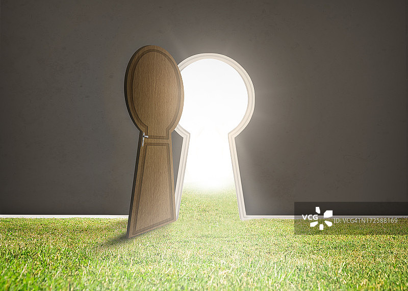 通往明亮光线和草地的门口图片素材