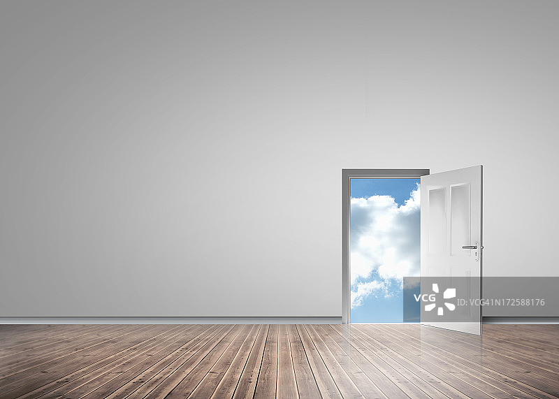 打开门，展现阳光明媚的蓝天图片素材