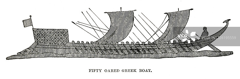 50桨希腊船（带有50支桨的古希腊船）老式版画插图图片素材