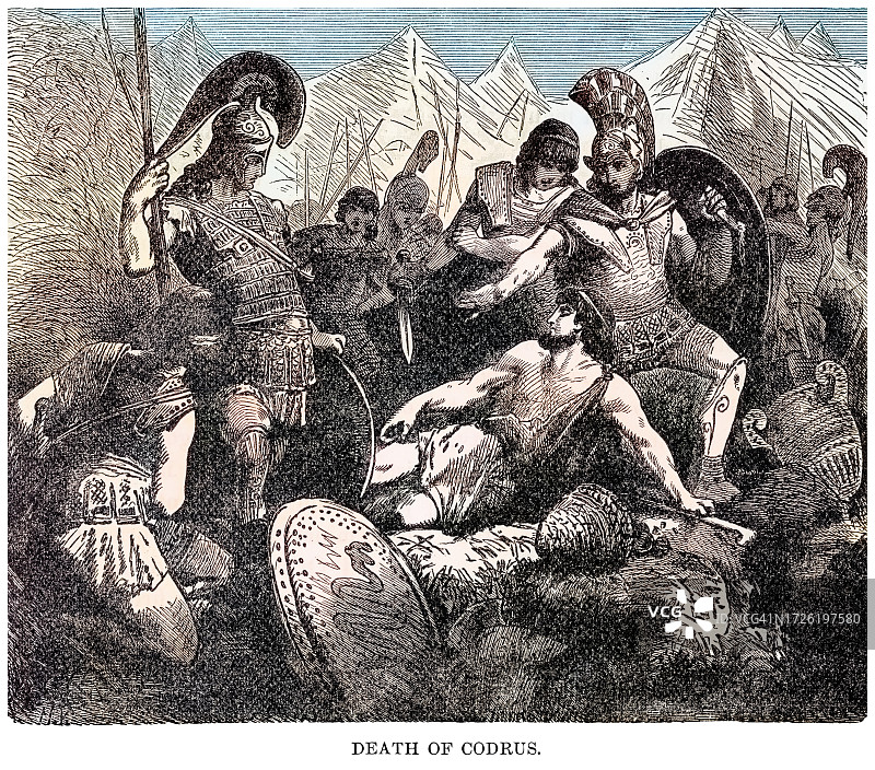 雅典末代国王科德鲁斯逝世古老雕刻插图图片素材