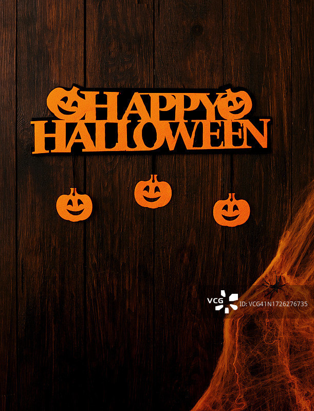 万圣节概念：木质背景上的蝙蝠和蜘蛛图片素材