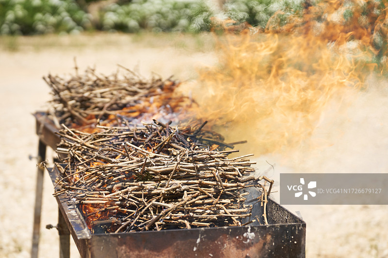 庭院中金属烤架上的木柴大火侧面特写图片素材