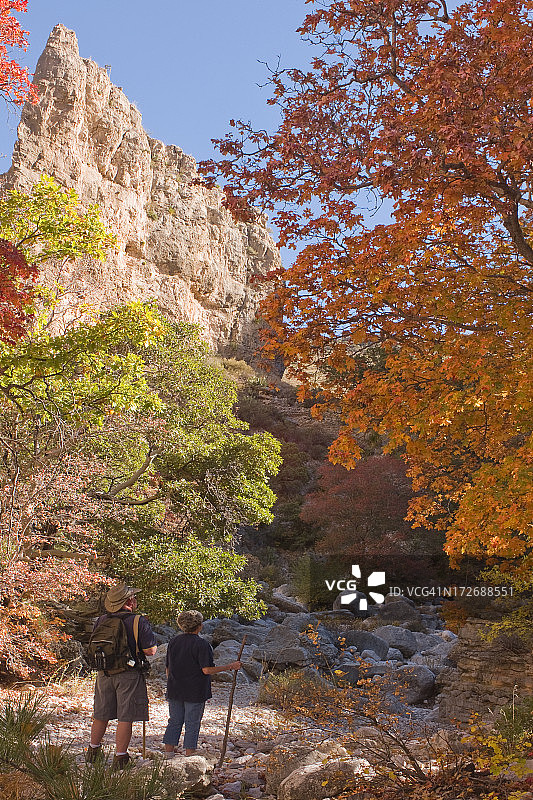 男人和女人欣赏瓜达卢佩山国家公园的秋色图片素材