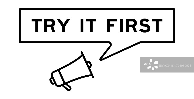 带有语音气泡的扩音器图标，白色背景上的“先试用”字样图片素材