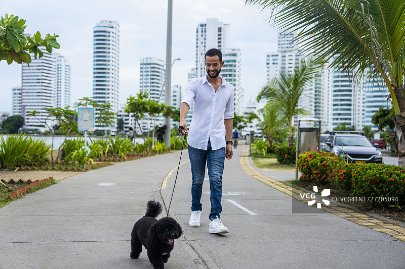 在哥伦比亚卡塔赫纳拉吉托湾遛狗的拉丁美洲男子图片素材