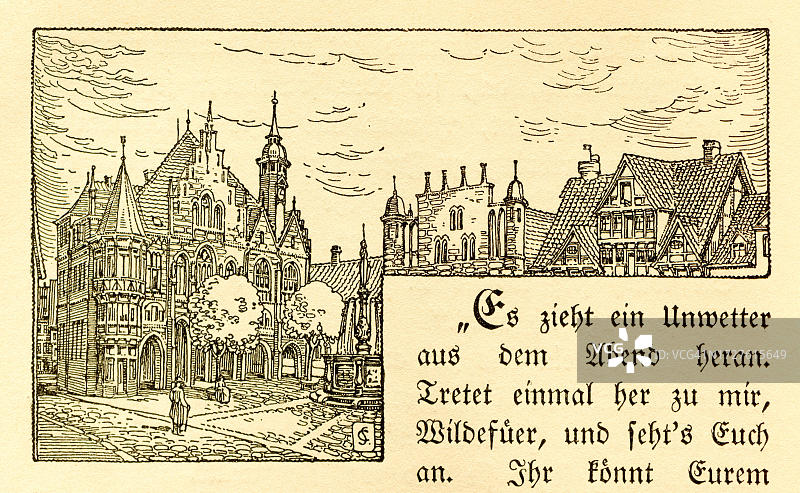 市政厅，历史城镇景观，卡尔·桑德特罗克插图，保罗·施雷肯斯巴赫希尔德斯海姆小说《野火》，德国下萨克森州希尔德斯海姆图片素材