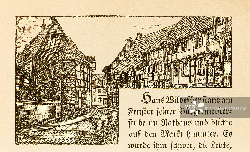 下萨克森希尔德斯海姆古城墙历史景观插画图片素材