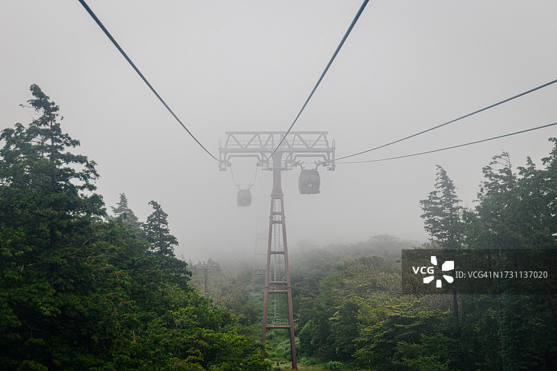 雾气缭绕的大涌谷中的箱根索道缆车图片素材