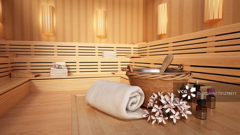 芬兰桑拿房内的按摩精油和毛巾图片素材