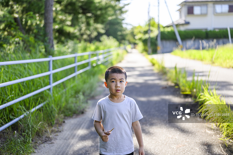 小男孩在乡下晨走图片素材