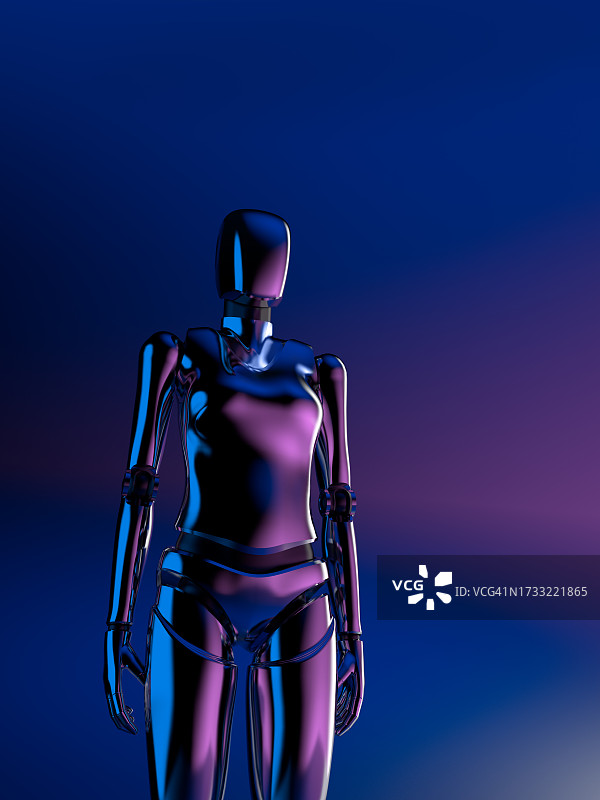 霓虹蓝紫色灯光下的女性机器人，带文案空间。抽象未来主义背景。大数据、人工智能、现代科技、机器崛起概念。3D渲染图片素材