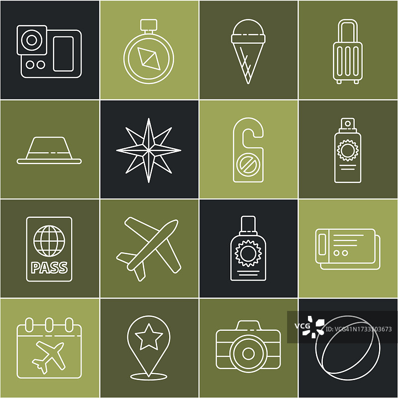 沙滩球、旅行票、防晒喷雾瓶、蛋卷冰淇淋、风向标、带丝带的男士帽子、照相机和请勿打扰图标矢量集图片素材