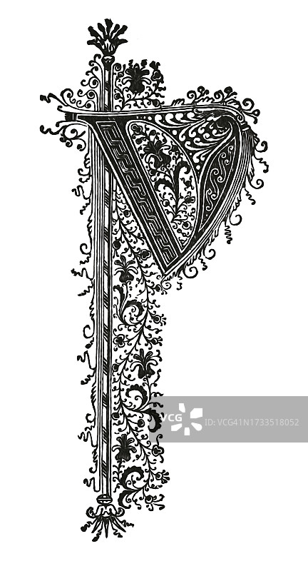 字母V装饰图案古老雕刻插图图片素材